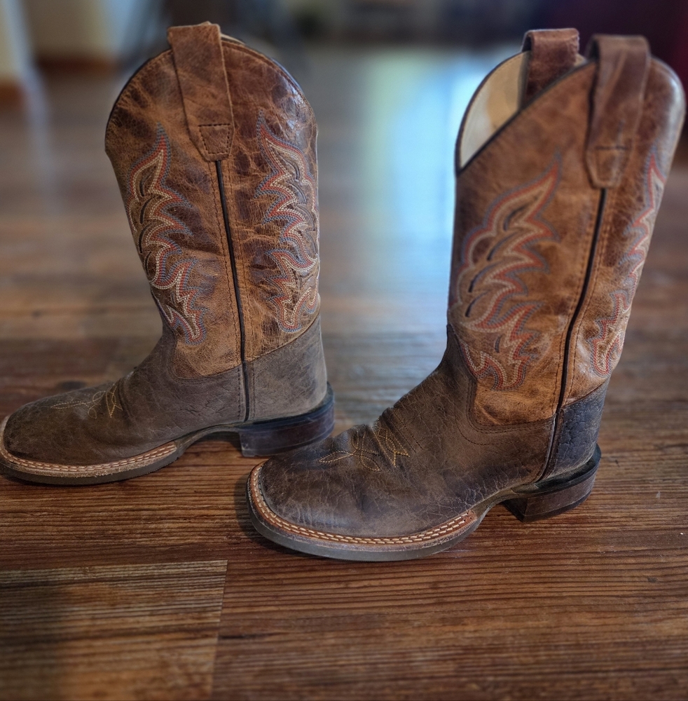 Old West Youth Cowboy Boots  1.5D Brown Leather Square Toe Western